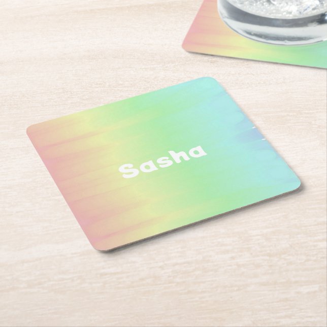 Custom name colour blend ombre square paper coaster (Angled)