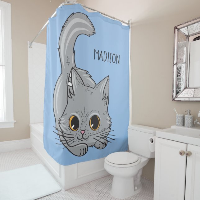 Custom name & colour Cute Kitten shower curtain (In Situ)