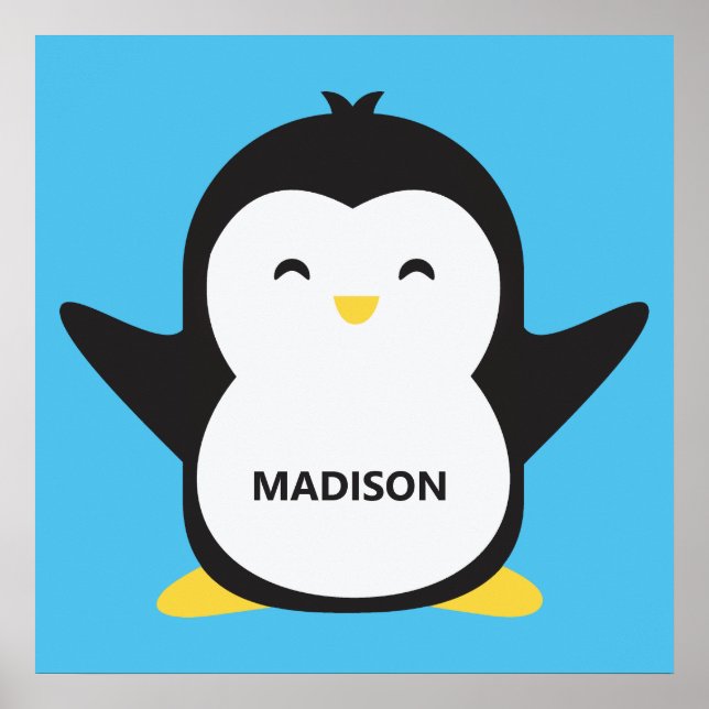 Custom name & colour cute penguin poster (Front)