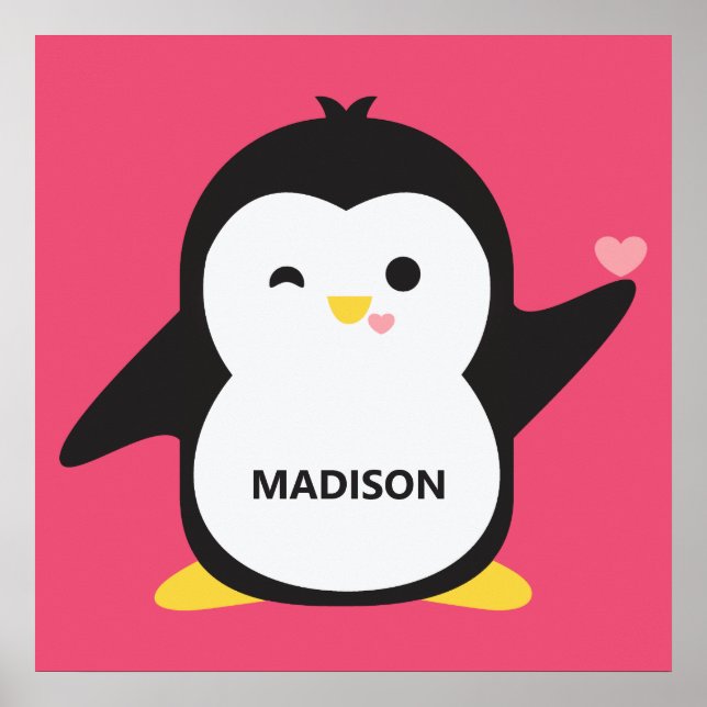 Custom name & colour cute penguin poster (Front)