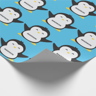Custom name & colour cute penguin wrapping paper