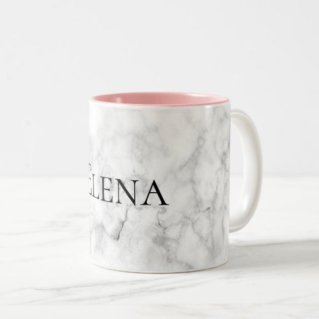 Custom Name/Colour Elegant White Marble Print Two-Tone Coffee Mug (Front Right)