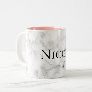 Custom Name/Colour Elegant White Marble Print Two-Tone Coffee Mug