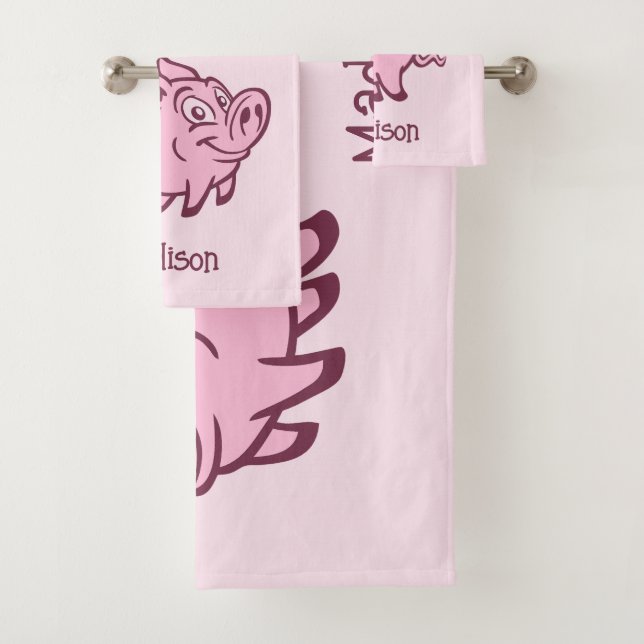 Custom Name & Colour Flying Pig Bath Towel Set (Insitu)