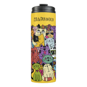 Custom Name & Colour Funny Cats Illustration Thermal Tumbler