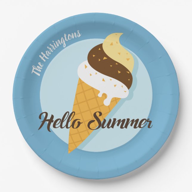 Custom name & colour Ice Cream Hello paper plates (Front)
