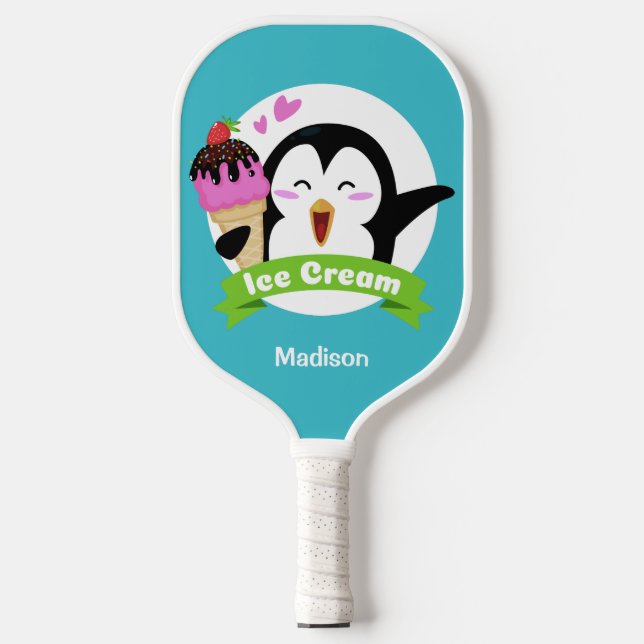 Custom name & colour Ice Cream Penguin Pickleball Paddle (Front)