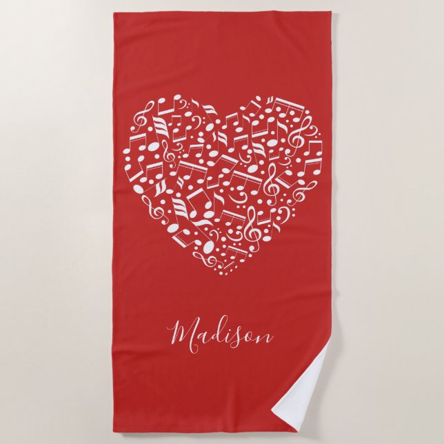 Custom name & colour Musical Heart beach towel (Front)