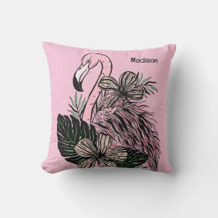 Custom Name & Colour Pink Flamingo Throw Pillow
