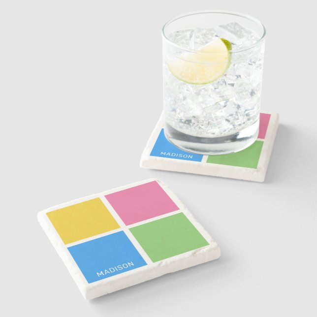 Custom name Colour Squares Stone Coaster (Side)