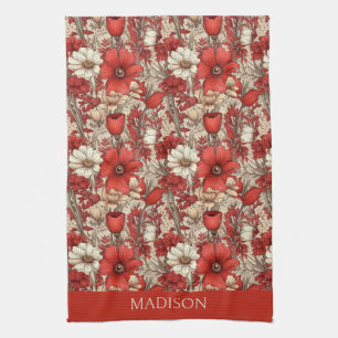 Custom Name Colourful Flower Pattern Kitchen Towel
