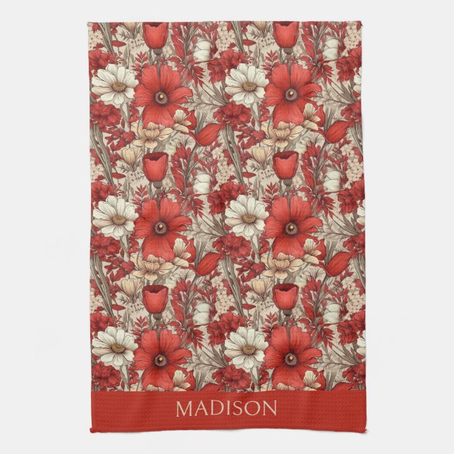 Custom Name Colourful Flower Pattern Kitchen Towel (Vertical)