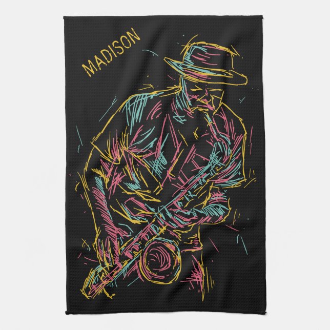 Custom name Colourful Jazz Player Kitchen Towel (Vertical)