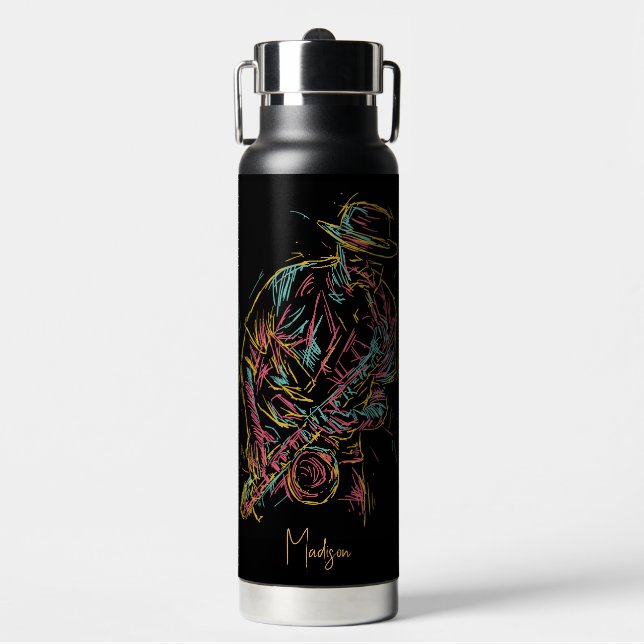 Custom name Colourful Jazz Player Water Bottle (Front)