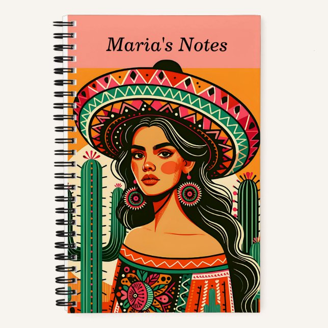 Custom Name Colourful Mexican Fiesta Cactus Notebook (Front)