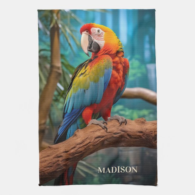 Custom Name Colourful Parrot Kitchen Towel (Vertical)
