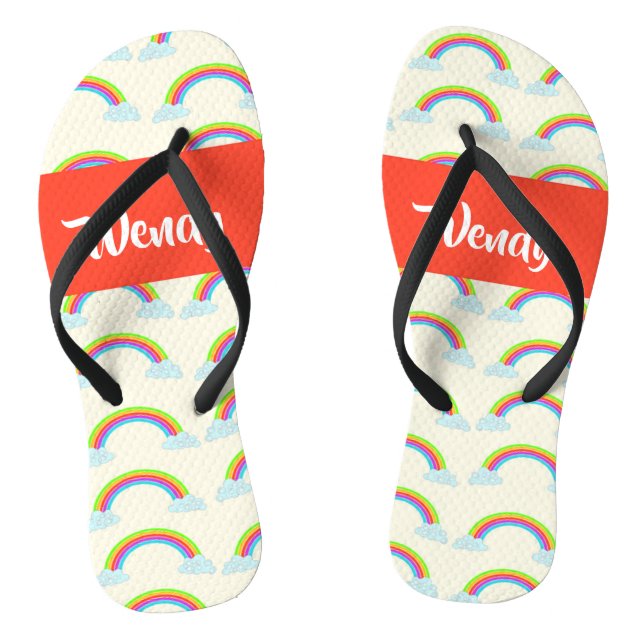 Custom name colourful rainbows and clouds flip flops (Footbed)