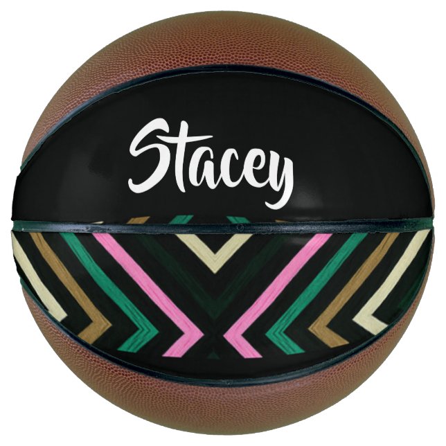 Custom name colourful stripes on black basketball (Front)