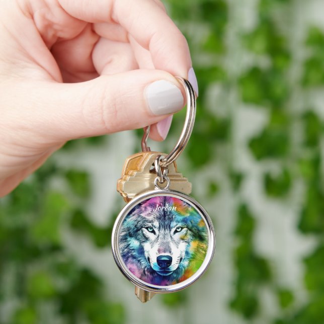 Custom Name Colourful Stylized Wolf Head Keychain (Hand)