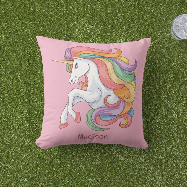 Custom Name Colourful Unicorn Outdoor Pillow (Grass)