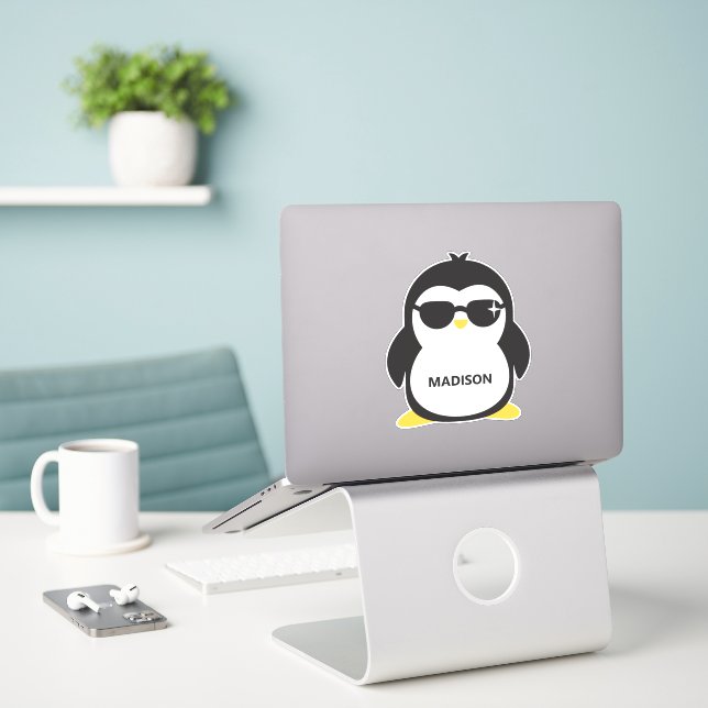 Custom Name Cool Penguin (Laptop On Desk)