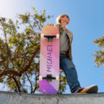 Custom Name Cool Retro Purple Brush Strokes Skateboard<br><div class="desc">Custom Name Cool Retro Purple Brush Strokes Skateboard features your personalized name on a retro brush stroke background in orange, pink and purple. Personalize by editing the text in the text box provided. Give a custom made gift, personalized skateboard to your favourite skateboarder for Christmas, birthday or your BFF. Designed...</div>