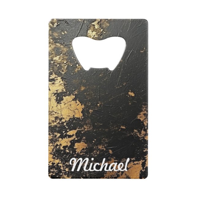 Custom  Name Cool Sports Men's Black and Gold Credit Card Bottle Opener (Front)