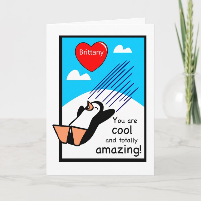 Custom Name Cool Valentine Penguin Card (Front)