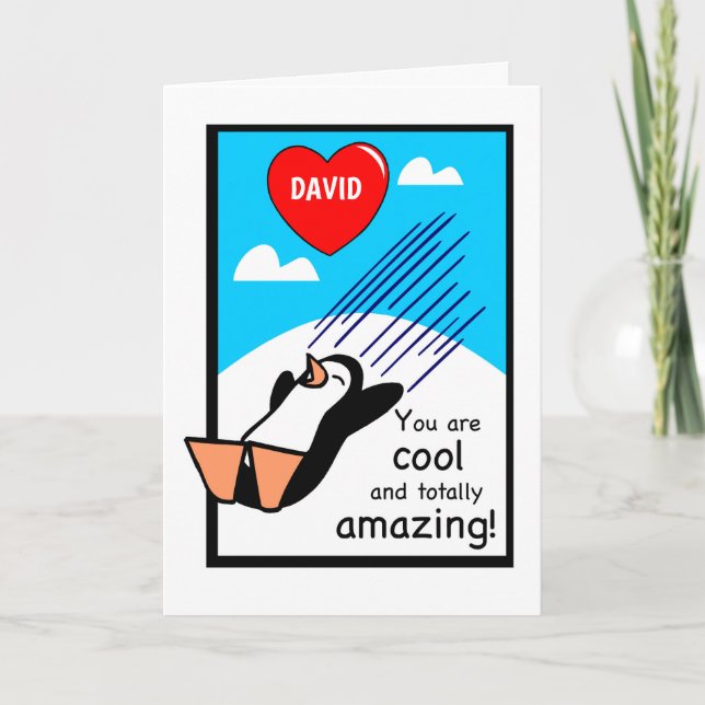 Custom Name Cool Valentine Penguin Card (Front)