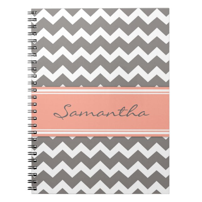 Custom Name Coral Grey Chevron Notebook (Front)