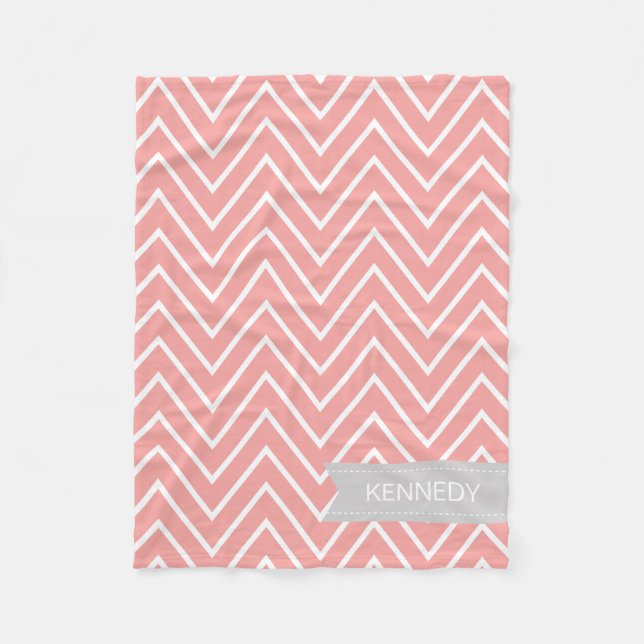 Custom Name Coral Grey Chevron Pattern Fleece Blanket (Front)