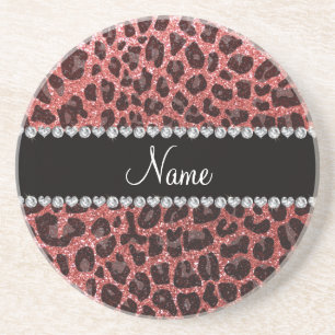 Custom name coral pink glitter leopard print coaster