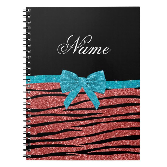 Custom name coral pink glitter zebra stripes bow notebook (Front)