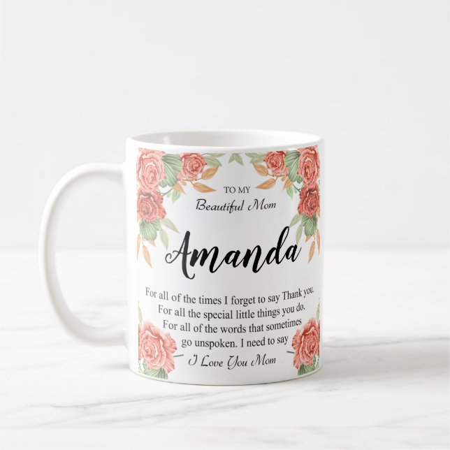 Custom Name Coral Red Rose Message for Mom Coffee Mug (Left)