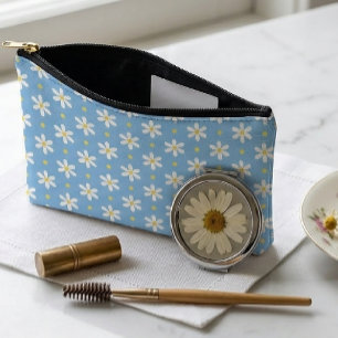 Custom Name Cottagecore Daisy Pattern Blue Accessory Pouch