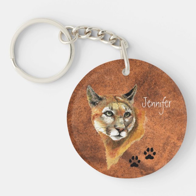 Custom Name Cougar Puma Mountain Lion Art Keychain (Front)