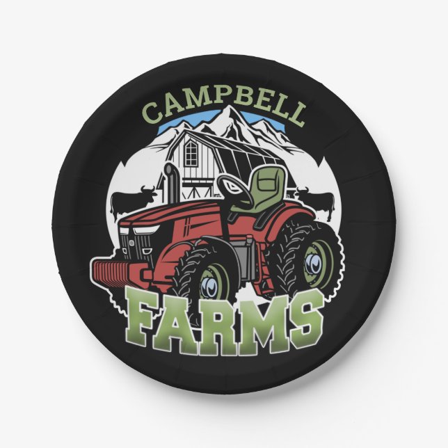 Custom NAME Country Farms Barn Tractor Farmer Paper Plate (Front)