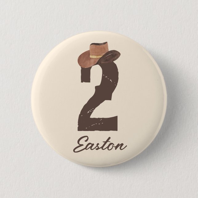 Custom Name Cowboy Hat 2 Two 2nd Second Birthday 2 Inch Round Button (Front)