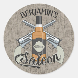 Custom NAME Cowboy Revolver Gun Whiskey Saloon Classic Round Sticker