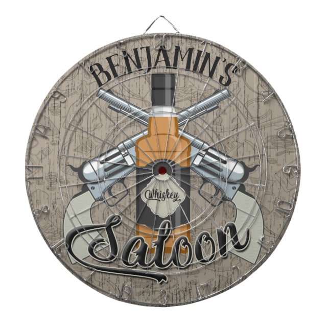 Custom NAME Cowboy Revolver Gun Whiskey Saloon Dartboard (Front)