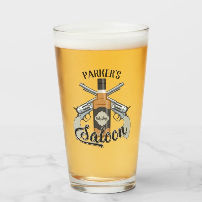 Custom NAME Cowboy Revolver Gun Whiskey Saloon Glass (Front Filled)