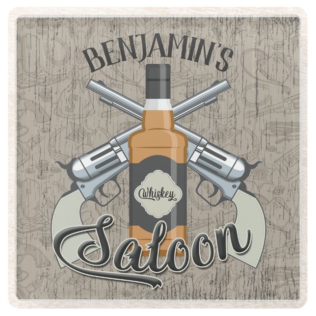 Custom NAME Cowboy Revolver Gun Whiskey Saloon Glass Coaster (Creator Uploaded)
