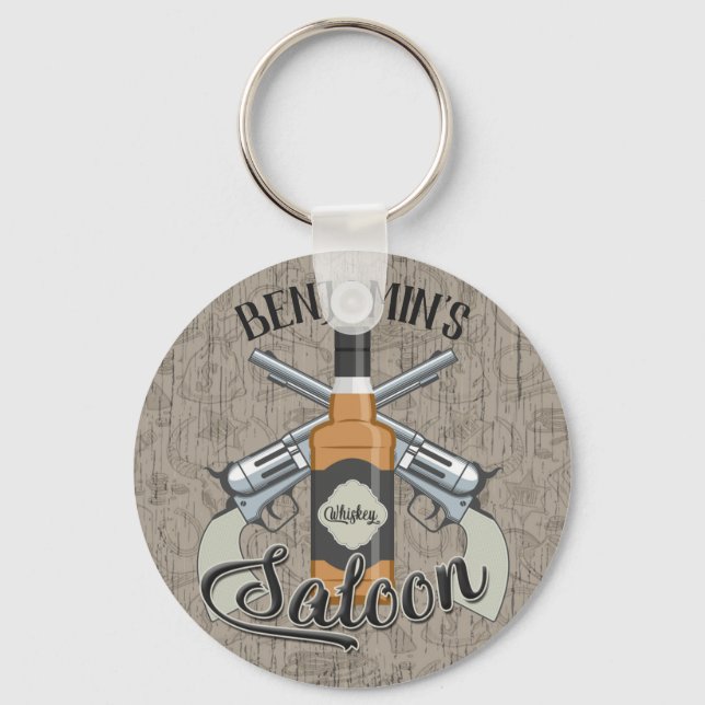 Custom NAME Cowboy Revolver Gun Whiskey Saloon Keychain (Front)