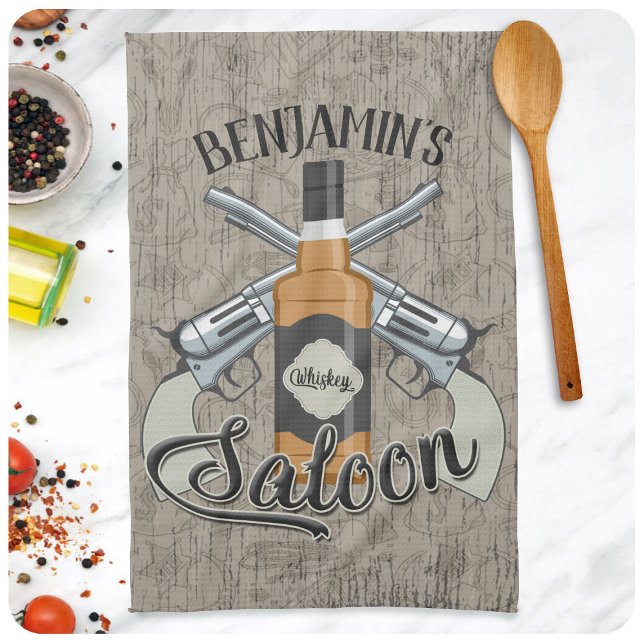 Custom NAME Cowboy Revolver Gun Whiskey Saloon Kitchen Towel (Creator Uploaded)