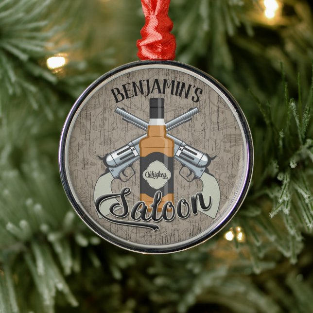 Custom NAME Cowboy Revolver Gun Whiskey Saloon Metal Ornament (Tree)