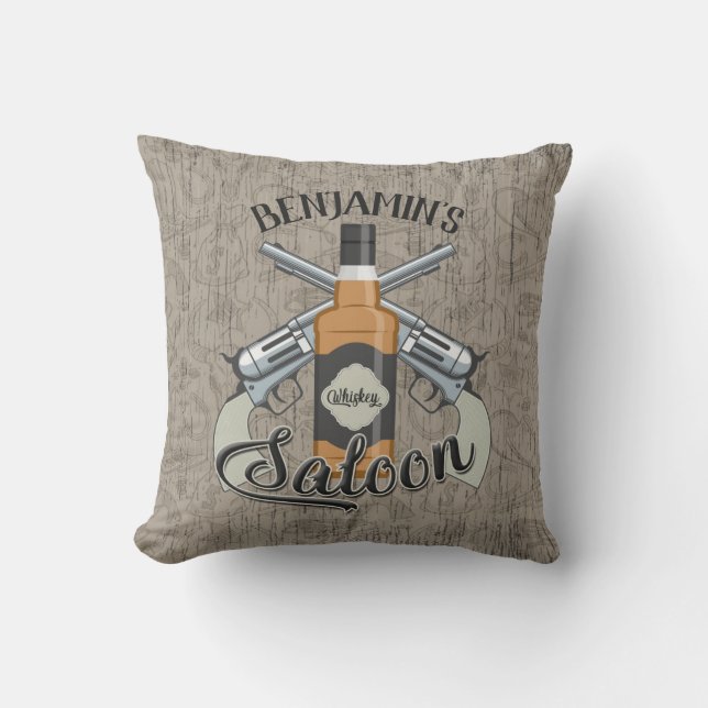 Custom NAME Cowboy Revolver Gun Whiskey Saloon Throw Pillow (Front)