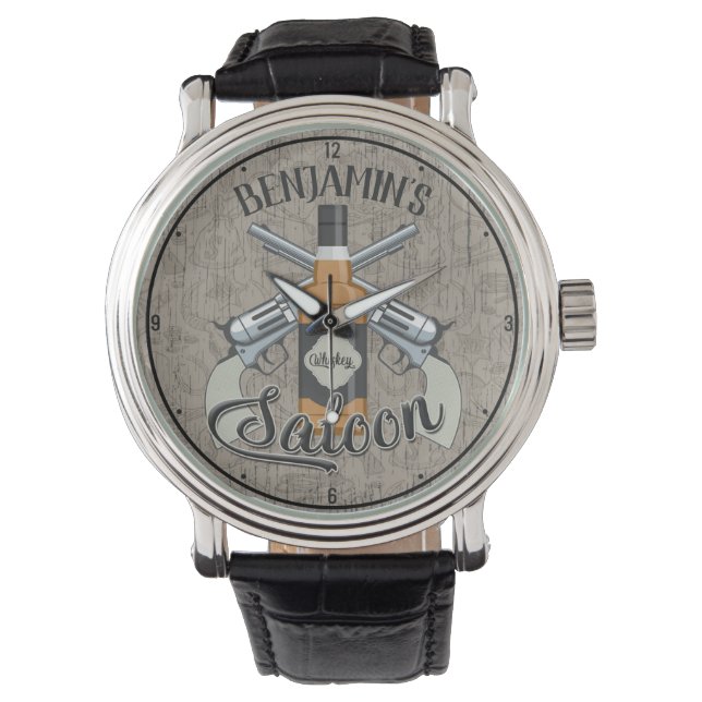 Custom NAME Cowboy Revolver Gun Whiskey Saloon Watch (Front)