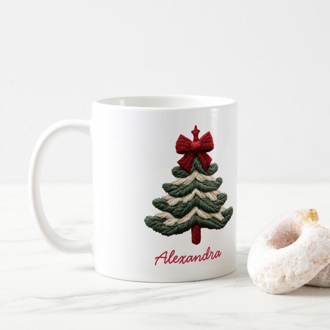 Custom Name Cozy Rustic Embroidered Christmas Tree Coffee Mug (With Donut)