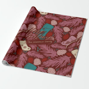 Custom Name Cozy Vintage Floral Pattern Christmas Wrapping Paper