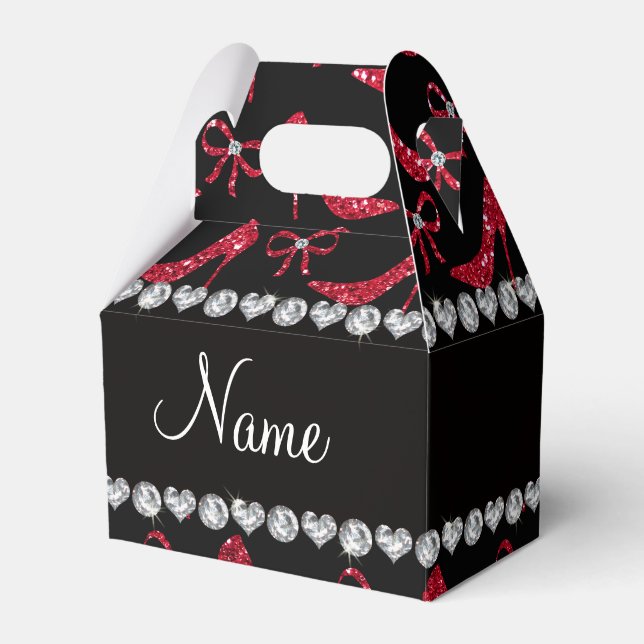 Custom name crimson red glitter high heels bow favor box (Front Side)